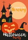 Happy halloween design with silhouette of cemetery with pumpkins over orange background. Halloween party vector illustration. Moon Royalty Free Stock Photo