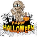 Happy Halloween Design template with mummy on white isolated background.