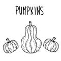 Happy Halloween doodle drawing of three cute pumpkins with inscription Royalty Free Stock Photo