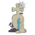 Happy Halloween. Doodle hand drawn old tombstone with monster hand, spider, carved. Creepy and scary zombie arm crawls out of Royalty Free Stock Photo