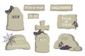 Happy Halloween. Doodle hand drawn tombstones with spider, cobweb, ground, text. Set of monuments, tombs of various form, size Royalty Free Stock Photo