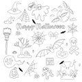 Happy Halloween doodle set. Jack pumpkin and skull with bones, ghost, bat and cobweb, grave and ritual magic voodoo doll Royalty Free Stock Photo