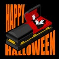 Happy Halloween. Dracula in open coffin. Illustration for terrible holiday. Vampire in casket