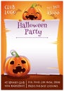 Happy Halloween editable poster with smiling and scared pumpkins with parchment on orange background with bats. Happy Royalty Free Stock Photo