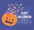 Happy halloween, falling candies on bucket pumpkin Royalty Free Stock Photo