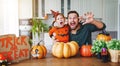 Happy Halloween! family father and child daughter getting ready Royalty Free Stock Photo