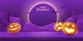 Happy Halloween. Halloween fantasy purple theme paper graphic cloud scene with group of 3D illustration glowing pumpkin on studio