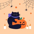 Happy Halloween. A fat cute black cat clutched at the pumpkin with its claws. Cartoon character of animal holidays