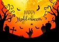 Happy halloween festival on sunset background, full moon on dark night in cemetery with silhouette zombie hand up from