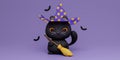 Happy Halloween Festive. cat in Halloween costume with witch hat and broom on purple background. d cartoon style Royalty Free Stock Photo