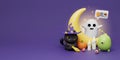 Happy Halloween Festive. Halloween white ghost cute smile face, monster, black cat. 3d cartoon style. Holiday Royalty Free Stock Photo