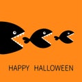 Happy Halloween. Fish monster eating each other. Three fishes. Food chain. Black color silhouette. Cute cartoon