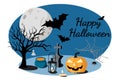 Happy halloween flat design with pumpkin, ghosts,bats and tree on the full moon