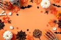 Happy Halloween flat lay composition with spooky skull, bats, spiders, webs, pumpkins, skeleton hands on orange background Royalty Free Stock Photo