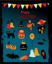 Happy Halloween Flat Vector Icon Set. Cute Cartoon Bundle Of Old Castle, Bat, Ghost, Candy, Coffin, Witch Cap, Black Cat, Pumpkin Royalty Free Stock Photo