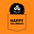 Happy Halloween. Fluffy black monster silhouette in the pocket. Hands up. Cute cartoon scary funny character. Baby collection. T-s