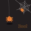 Happy Halloween Fluffy Spiders Cartoon Character .  Funny Halloween invitation with cute spiders and spider web greeting card Royalty Free Stock Photo