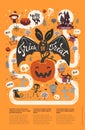 Happy Halloween flyer template in a flat style with funny and spooky cartoon characters and place for text. Vector illustration fo