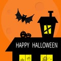 Happy Halloween. Flying bat. Haunted house roof attic loft. Light on boarded-up windows. Cat arch back. Monster spider Pumpkin Can