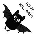Happy Halloween. Flying bat vampire. Cute cartoon baby character with big open wing, ears, legs. Black silhouette. Forest animal. Royalty Free Stock Photo