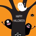 Happy Halloween. Flying ghost, hanging spider dash line web, monster, eye eyeballs in hollow. Black tree silhouette. Boo spooky cu
