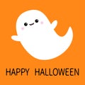 Happy Halloween. Flying ghost spirit. Boo. Scary white ghosts. Cute cartoon spooky character. Smiling face, hands. Orange backgrou Royalty Free Stock Photo