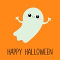 Happy Halloween. Flying ghost spirit with hands. Cute cartoon spooky character. Scary white ghosts. Smiling face. Greeting card. Royalty Free Stock Photo