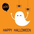 Happy Halloween. Flying ghost spirit holding balloon with Boo text. Hanging spiders. Cute cartoon white scary spooky character. Royalty Free Stock Photo