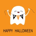 Happy Halloween. Flying ghost spirit holding bunting flag Boo. Scary white ghosts. Cute cartoon kawaii spooky character. Smiling Royalty Free Stock Photo