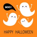 Happy Halloween. Flying ghost spirit set. Three scary white ghosts. Boo Cute cartoon spooky character. Smiling Sad face, frighteni Royalty Free Stock Photo