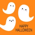 Happy Halloween. Flying ghost spirit set. Three scary white ghosts. Cute cartoon spooky character. Smiling Sad face. Orange backgr Royalty Free Stock Photo