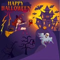 Happy Halloween. Halloween flying little witch. Girl  in halloween costume holds a magic wand. Retro vintage Royalty Free Stock Photo