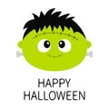 Happy Halloween. Frankenstein Zombie monster round face icon. Cute cartoon funny spooky baby character. Green head. Greeting card. Royalty Free Stock Photo