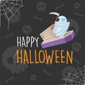 Happy Halloween ghost in the coffin cartoon background