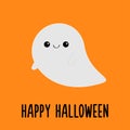 Happy Halloween. Ghost. Flying spirit with hands. Scary white ghosts. Cute cartoon spooky funny character. Smiling face. Greeting