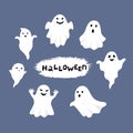 Happy Halloween, Ghost, Scary white ghosts. Cute cartoon spooky character. Smiling face, hands. Blue background Greeting Royalty Free Stock Photo