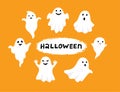 Happy Halloween, Ghost, Scary white ghosts. Cute cartoon spooky character. Smiling face, hands. Orange background Royalty Free Stock Photo