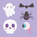 Happy halloween ghost skull spider creepy eye and bat icons Royalty Free Stock Photo