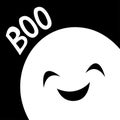 Happy Halloween. Ghost spirit in the corner. Boo text. Cute cartoon white scary spooky character. Smiling face, hands. Orange Royalty Free Stock Photo