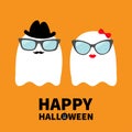 Happy Halloween. Ghost spirit family couple with lips, mustaches and eyeglasses, hat, bow. Scary white ghosts. Cute cartoon charac