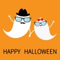 Happy Halloween. Ghost spirit family set with lips, mustaches eyeglasses, hands, hat, bow. Scary white ghosts. Cute cartoon charac