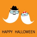 Happy Halloween. Ghost spirit family set with lips, mustaches eyeglasses, hat, bow. Scary white ghosts. Cute cartoon character. Sm