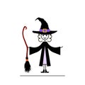 happy halloween 2022, girl wearing halloween witch costume, black hat and broom, cute female character, flat vector Royalty Free Stock Photo