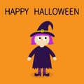 Happy Halloween. Girl wearing Witch costume curl hat. Cartoon funny spooky baby magic character. Flat design. Cute head face. Gree Royalty Free Stock Photo