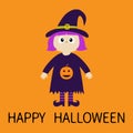 Happy Halloween. Girl wearing Witch costume curl hat. Orange pumpkin. Cartoon funny spooky baby magic character. Cute head face. G Royalty Free Stock Photo