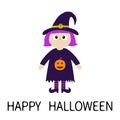 Happy Halloween. Girl wearing Witch costume curl hat. Orange pumpkin. Cartoon funny spooky baby magic character. Cute head face. G Royalty Free Stock Photo