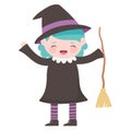 Happy halloween, girl witch costume cartoon character isolated design icon Royalty Free Stock Photo