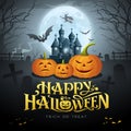 Happy Halloween gold message, pumpkin bat, witch, castle Royalty Free Stock Photo