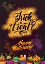 Happy Halloween Gold Sparkles Background with Cupcakes. Calligraphy Poster for your Party