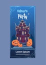 Happy Halloween Gothic Castle With Ghosts In Moonlight Holiday Greeting Card Concept